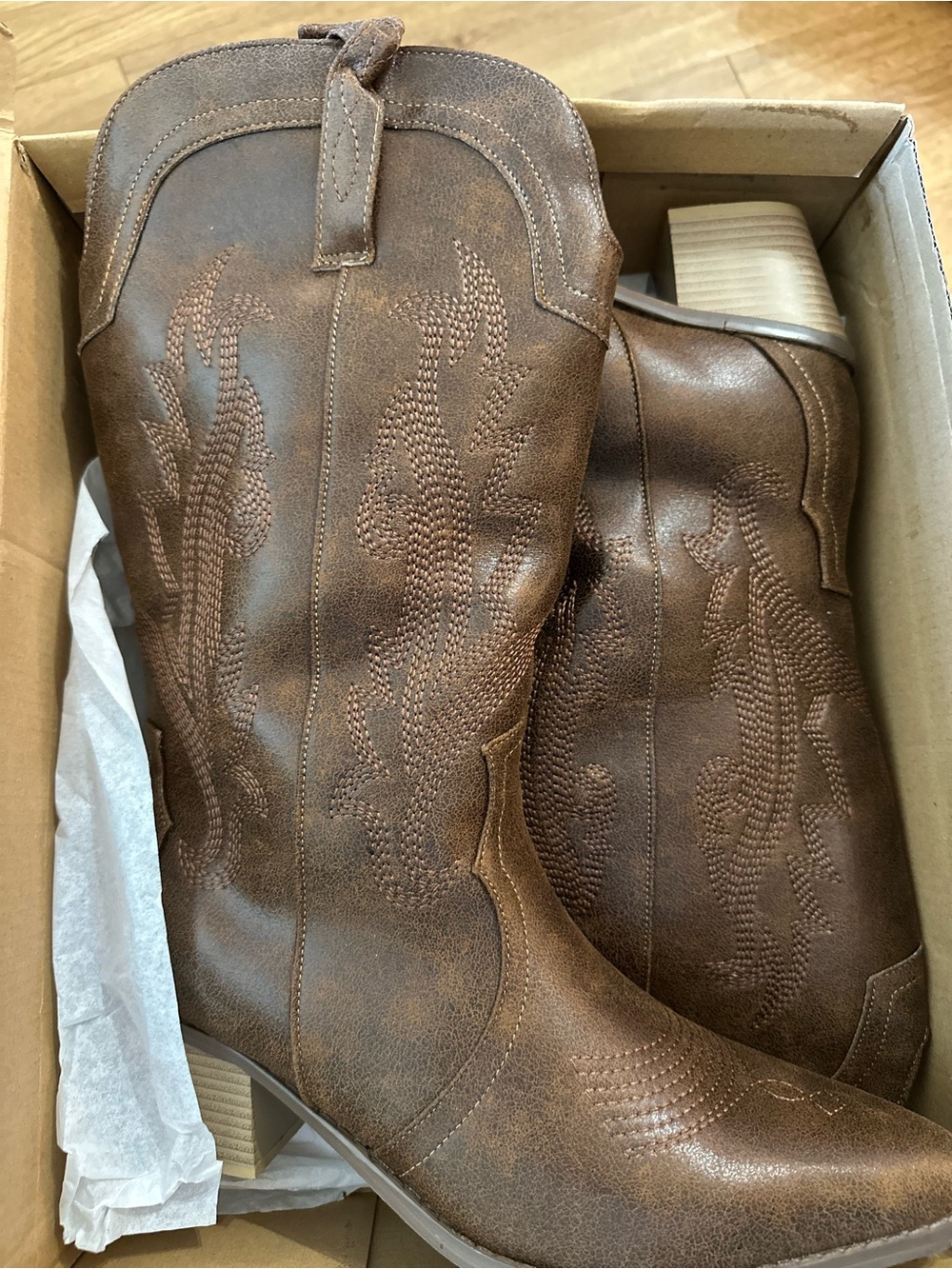 Brown Western-Style Leather Look Cowboy Boots